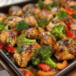 Close-up view of a plate featuring golden-brown balsamic chicken thighs with vibrant broccoli and red bell pepper.