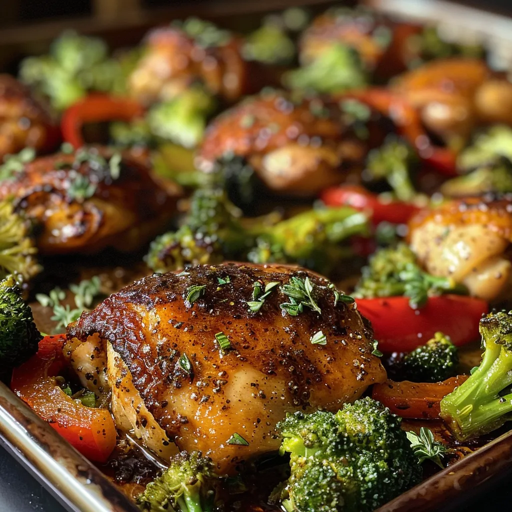 Side angle photo of juicy balsamic chicken thighs alongside colorful roasted vegetables on a sheet pan.