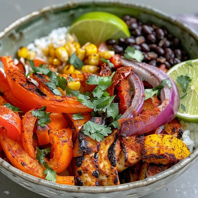 Close-up view of colorful veggie fajita bowls with cilantro lime rice.