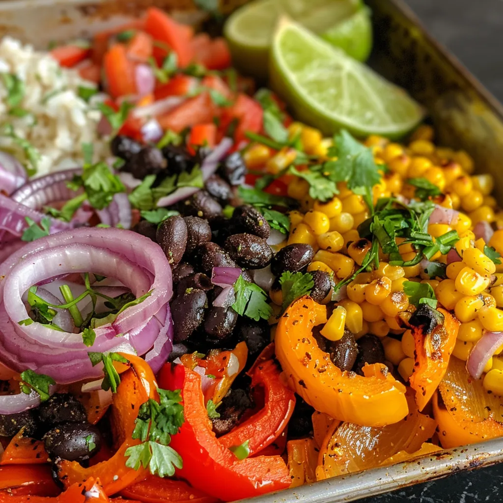 Side view of sheet pan veggie fajita bowls filled with bell peppers and black beans.