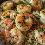 Close-up view of a plate featuring shrimp and rice garnished with parsley.