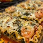 Close-up of Shrimp and Spinach Stuffed Pasta Rolls topped with creamy sauce.