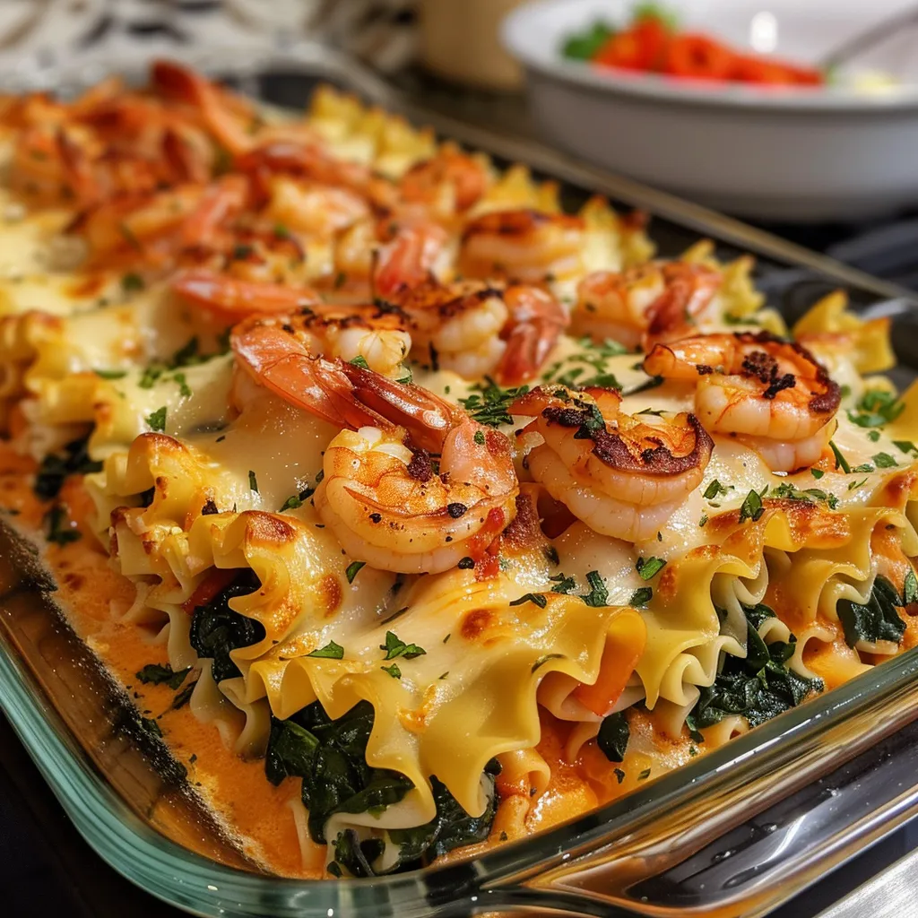 Side view of pasta rolls filled with shrimp and spinach, garnished with herbs.
