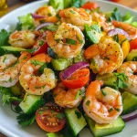 A vibrant shrimp avocado salad with diced avocados, cherry tomatoes, and mixed greens.