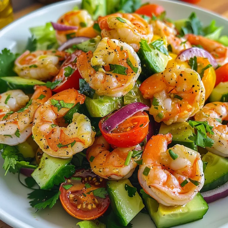 A vibrant shrimp avocado salad with diced avocados, cherry tomatoes, and mixed greens.