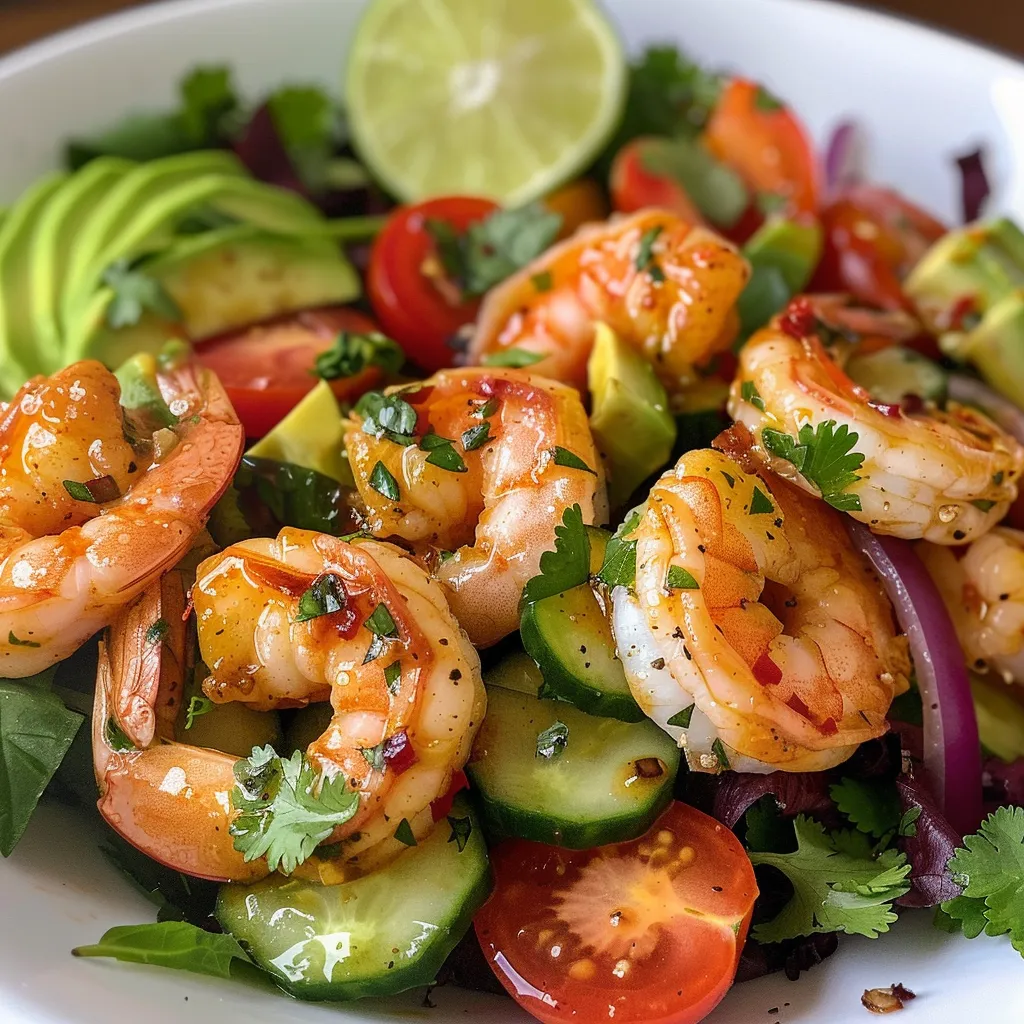 A close-up view of shrimp avocado salad showcasing shrimp, diced avocados, and colorful vegetables.
