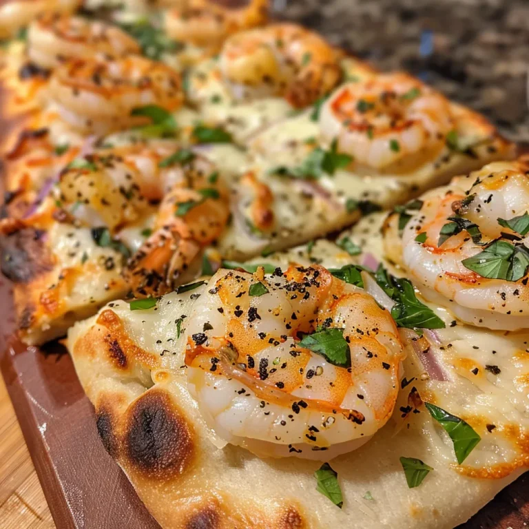 Close-up of a shrimp flatbread topped with cheese and herbs.