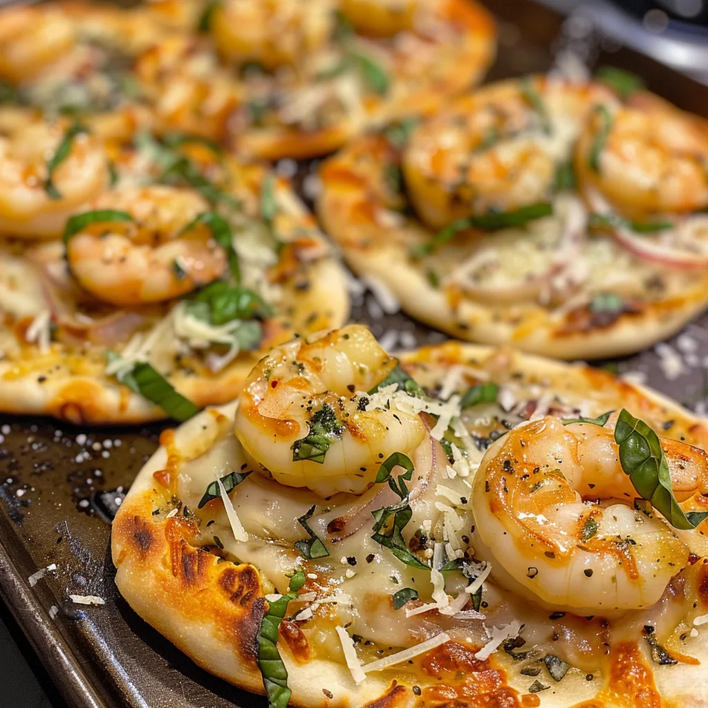 Side view of a delicious shrimp flatbread garnished with basil.