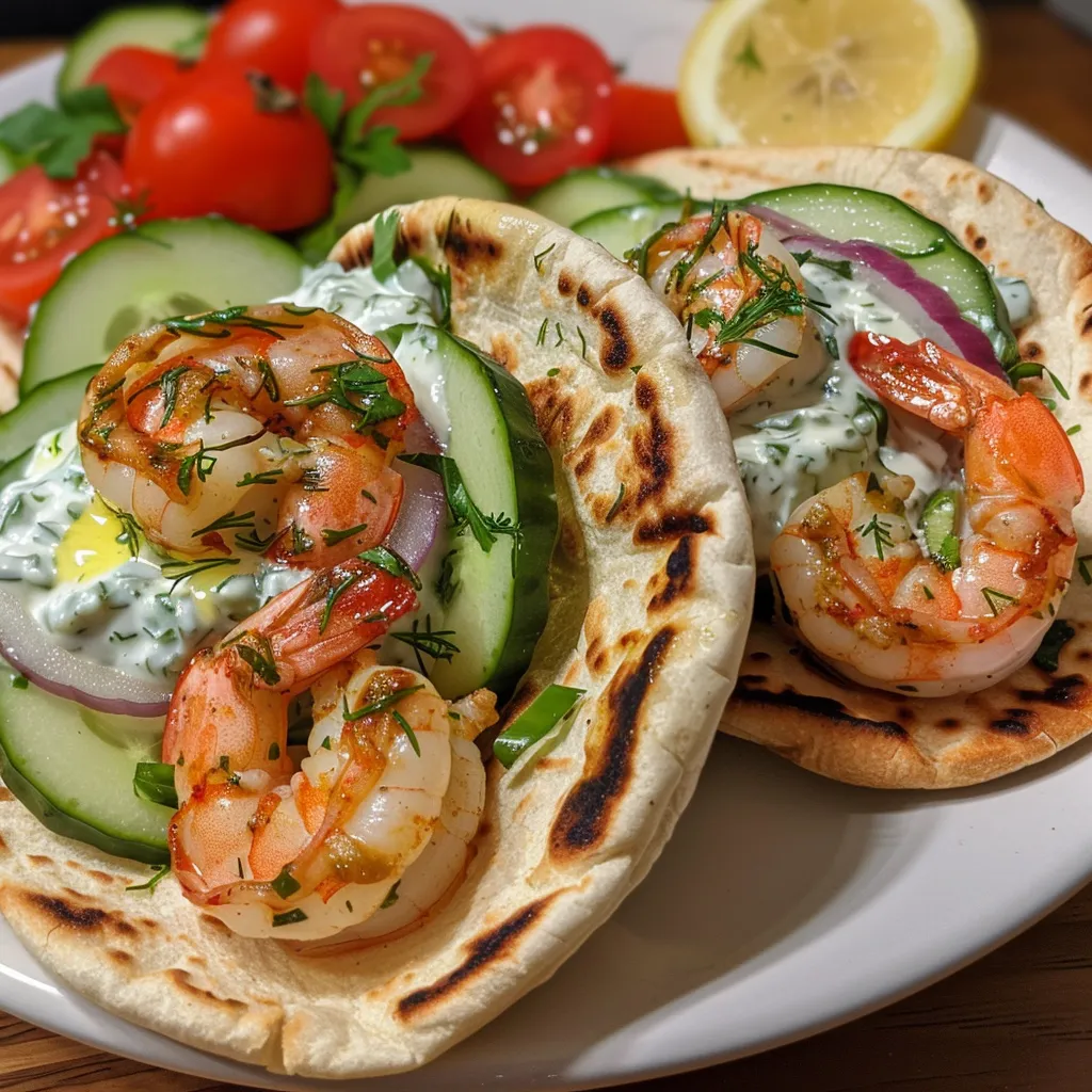 Juicy shrimp pitas displayed with sliced cucumbers and tomatoes.
