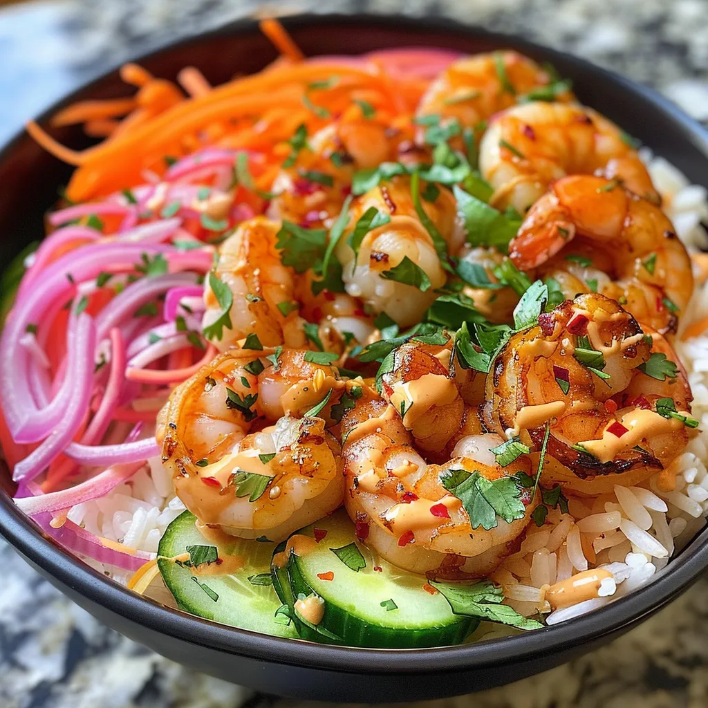 Side view of a rice bowl featuring shrimp, shredded carrots, and a drizzle of sriracha mayo.