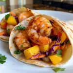 Close-up view of juicy shrimp wraps filled with colorful ingredients.