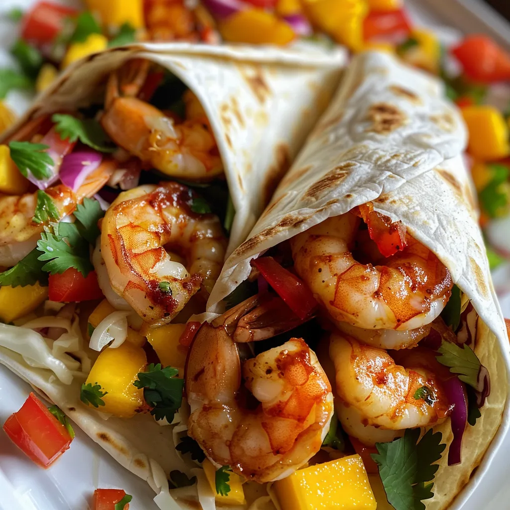 Side view of shrimp wraps showcasing vibrant salsa and mango filling.