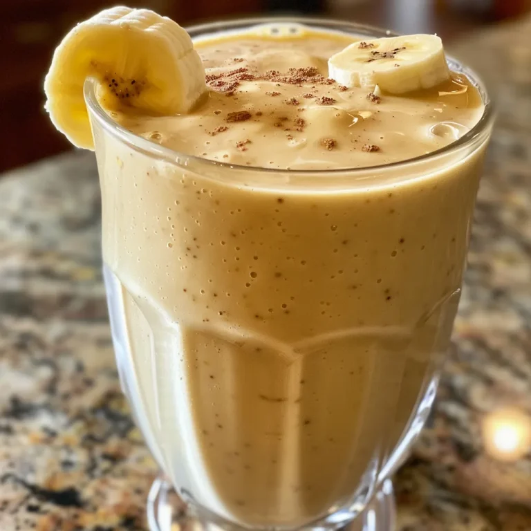 Close-up view of a creamy banana smoothie with yogurt in a glass.