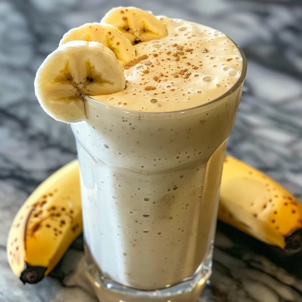 Side shot of a refreshing smoothie made with yogurt and banana garnished with a slice of banana.