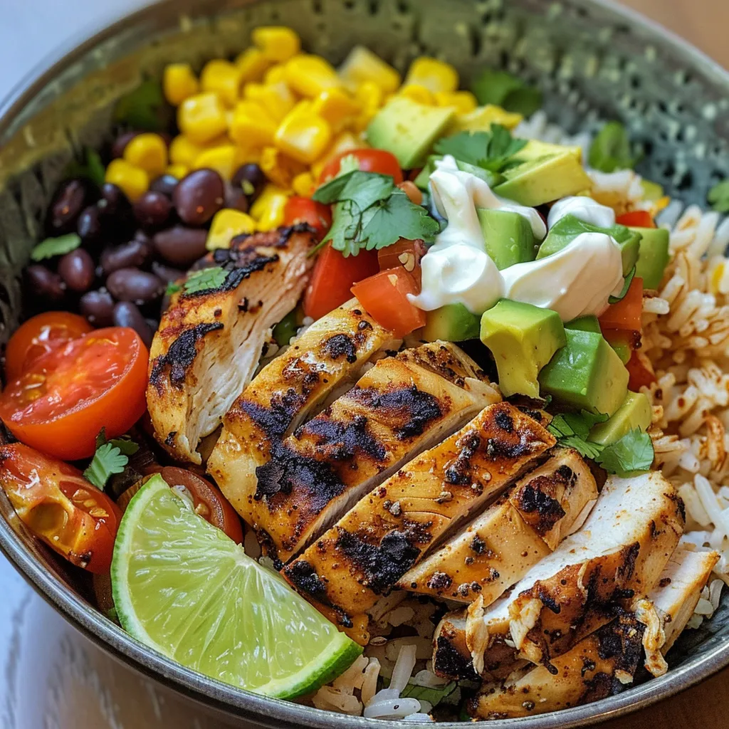 A delicious Southwest Chicken Rice Bowl filled with chicken, rice, and vibrant toppings.