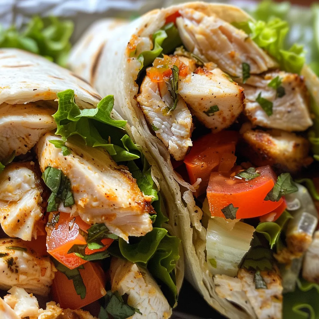 Side view of a juicy Southwest chicken wrap, packed with vibrant ingredients like guacamole and crunchy slaw.