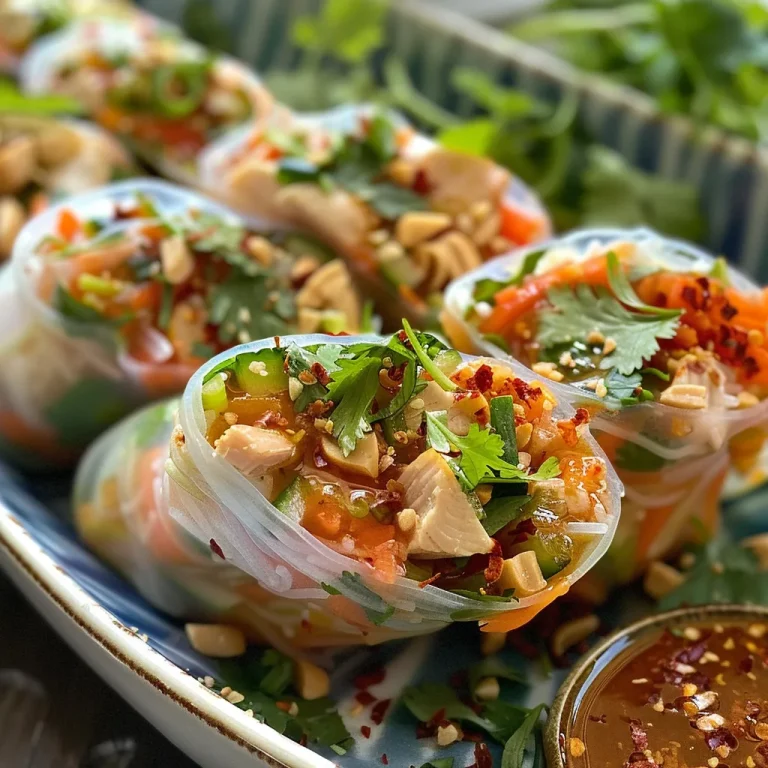A close-up view of juicy spicy Asian chili chicken rice paper wraps filled with fresh vegetables.