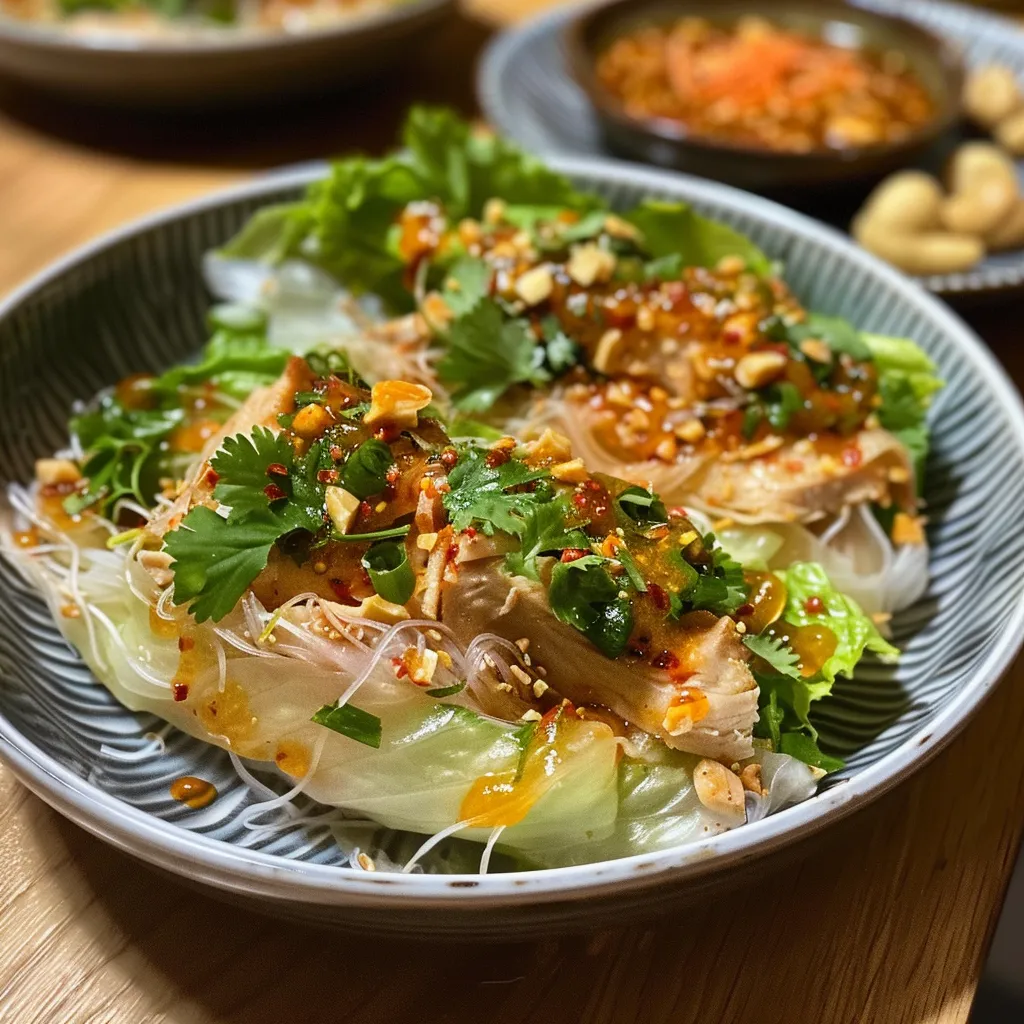 Side view of colorful rice paper wraps containing chicken, herbs, and vibrant veggies.