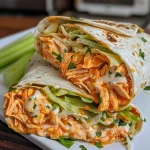 Juicy Spicy Buffalo Chicken Wraps filled with shredded chicken and fresh vegetables.