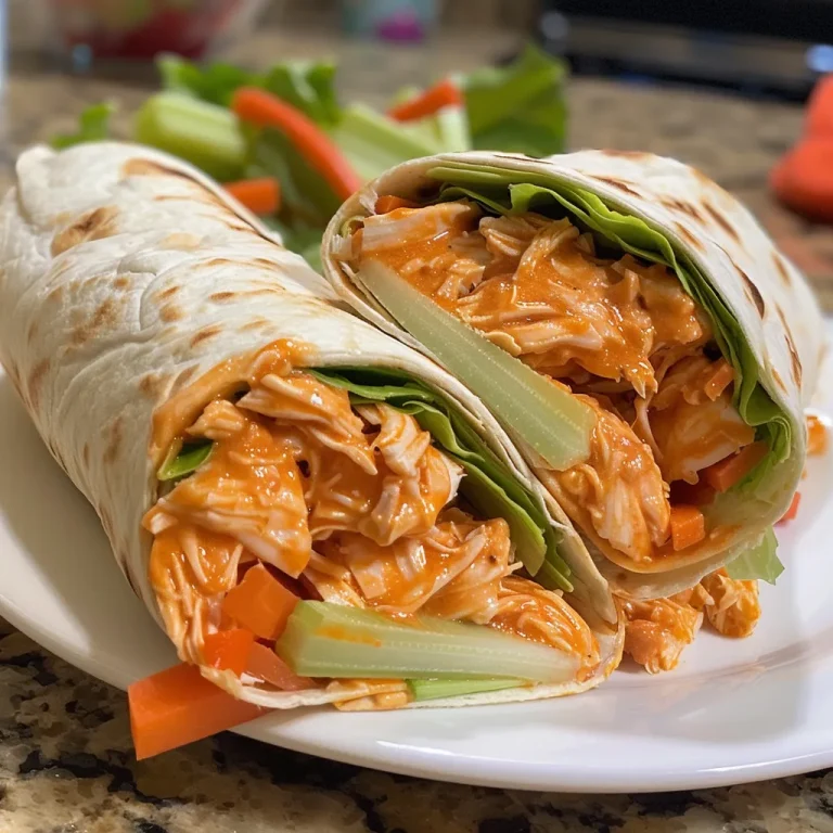 A close-up side view of a spicy buffalo chicken wrap, showing shredded chicken, lettuce, cheese, and a drizzle of ranch dressing.