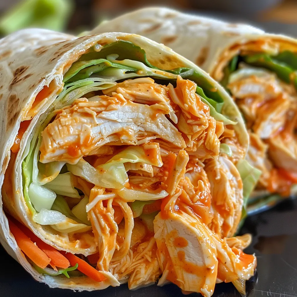 Juicy buffalo chicken wrap filled with shredded chicken, vegetables, and cheese, presented on a plate.