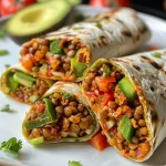 A close-up side view of a Spicy Buffalo Lentil Wrap on a plate, showcasing its vibrant colors.