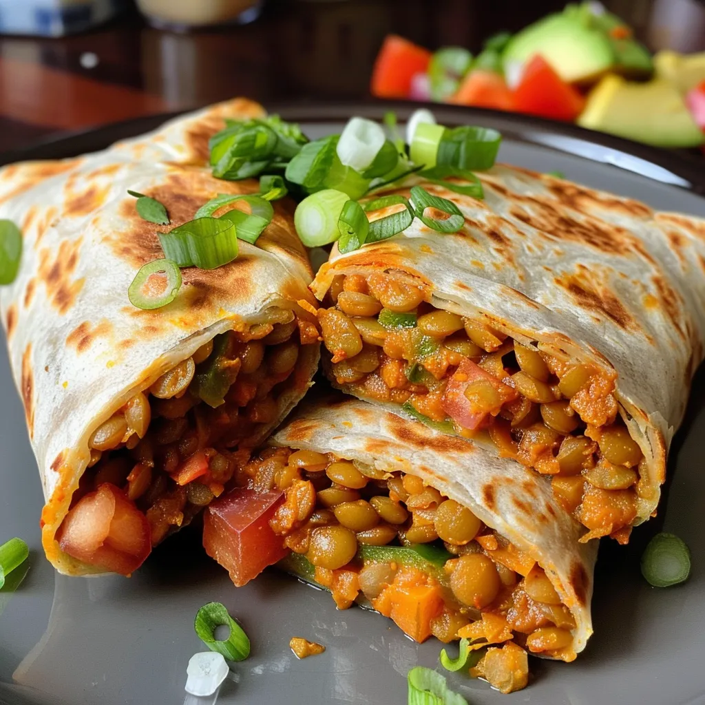 A juicy Spicy Buffalo Lentil Wrap filled with lentils, vegetables, and sauce, viewed from the side.