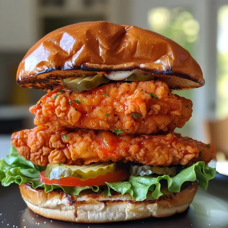 Close-up of a juicy spicy chicken sandwich with crispy lettuce and pickles.