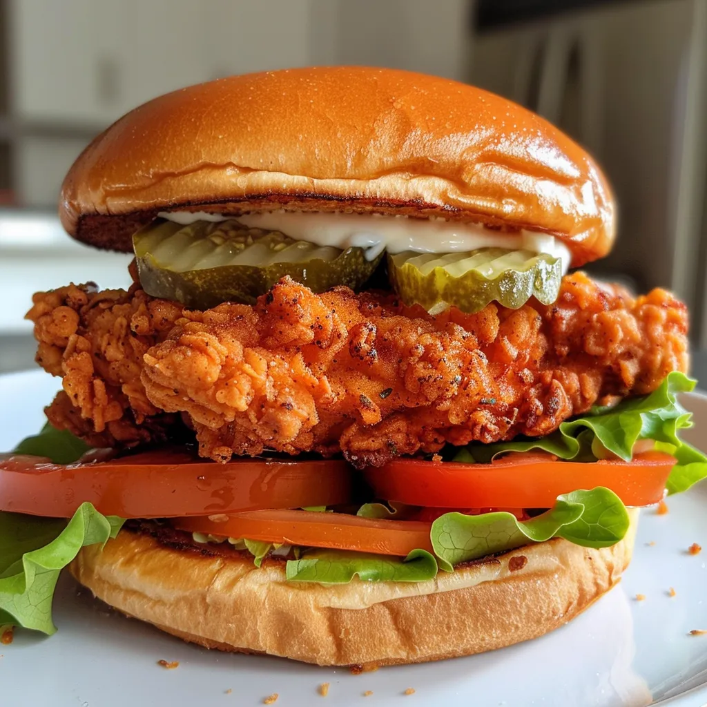 Side view of a delicious spicy chicken sandwich on a brioche bun.