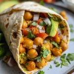 A close-up view of a Spicy Chickpea and Avocado Wrap filled with vibrant ingredients.