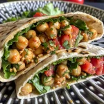 Close-up of a colorful Spicy Chickpea Wrap filled with fresh vegetables.