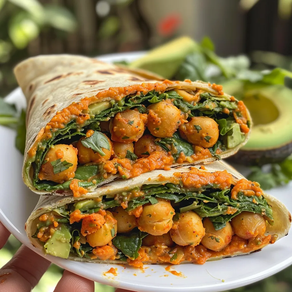 Side-angle photo of a delicious chickpea wrap with vibrant green spinach and creamy avocado.