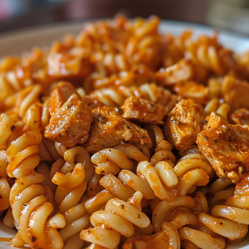 Side view of a serving of Spicy Chipotle Chicken Pasta, focusing on juicy chicken pieces and colorful vegetables.
