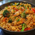 Close-up view of a bowl filled with Spicy Garlic Chicken Noodles surrounded by vegetables.