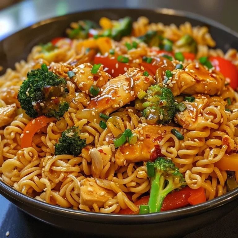Quick and Flavorful Spicy Garlic Chicken Noodle Bowls for Busy Nights Close-up view of a bowl filled with Spicy Garlic Chicken Noodles surrounded by vegetables.