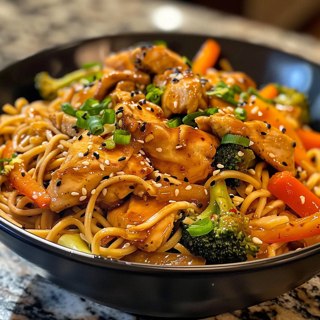 Side angle shot showing juicy Spicy Garlic Chicken Noodle Bowl with colorful vegetables.