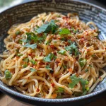 Close-up view of spicy garlic chilli noodles with bright red chilli flakes and green spring onions.