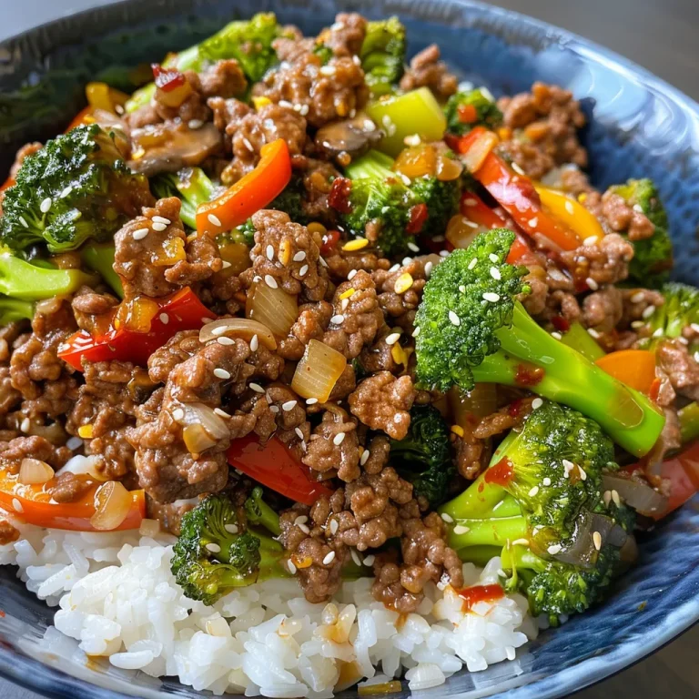 Close-up of a vibrant Spicy Ground Beef Stir-Fry Bowl with assorted vegetables.