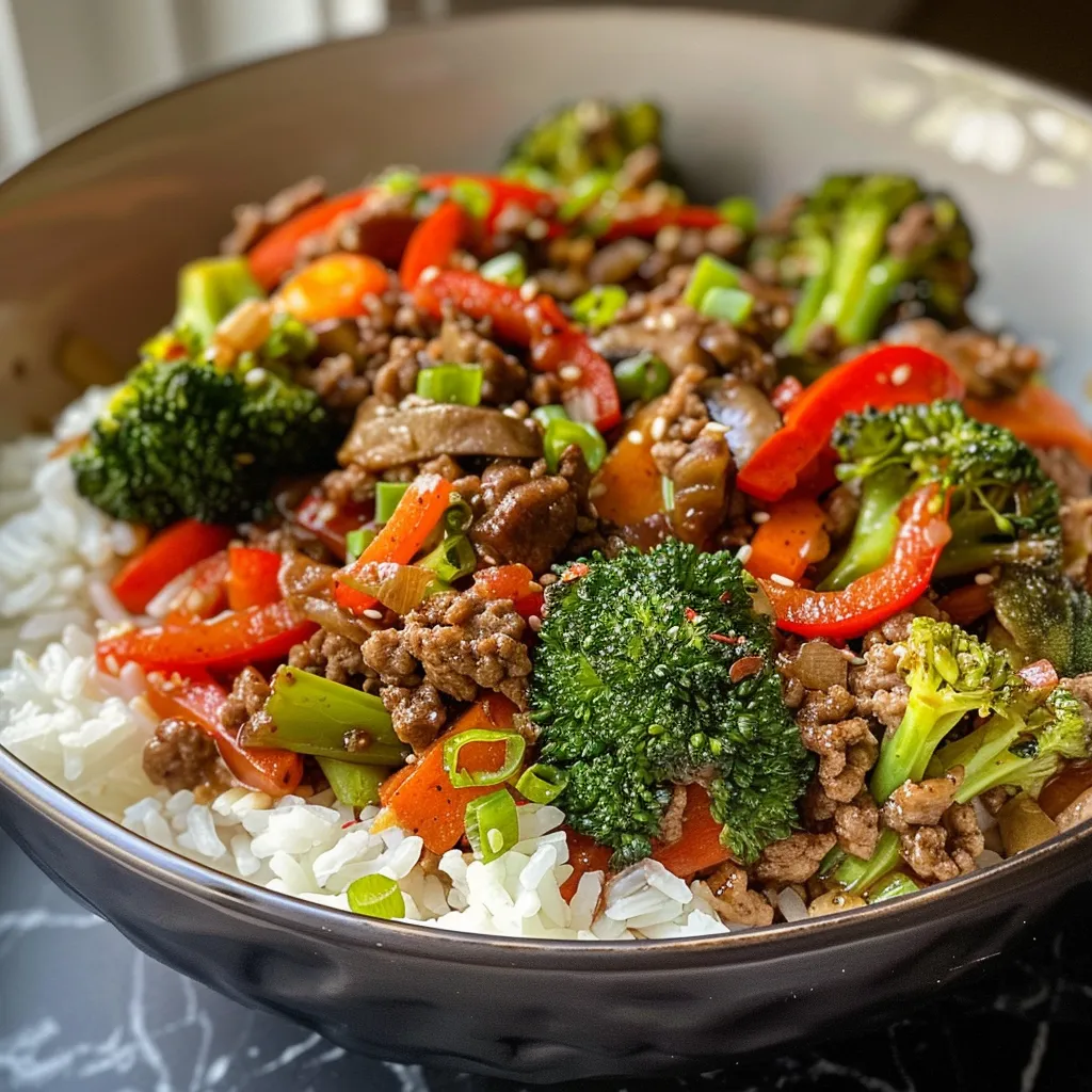 A colorful serving of Spicy Ground Beef Stir-Fry featuring garlic-infused veggies.