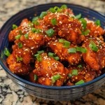Close-up of juicy spicy Korean chicken thighs garnished with green onions and sesame seeds.