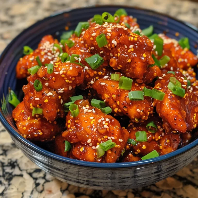 Close-up of juicy spicy Korean chicken thighs garnished with green onions and sesame seeds.