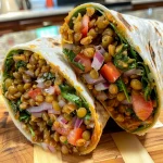 Close-up side view of a spicy lentil veggie wrap with colorful vegetables peeking out.