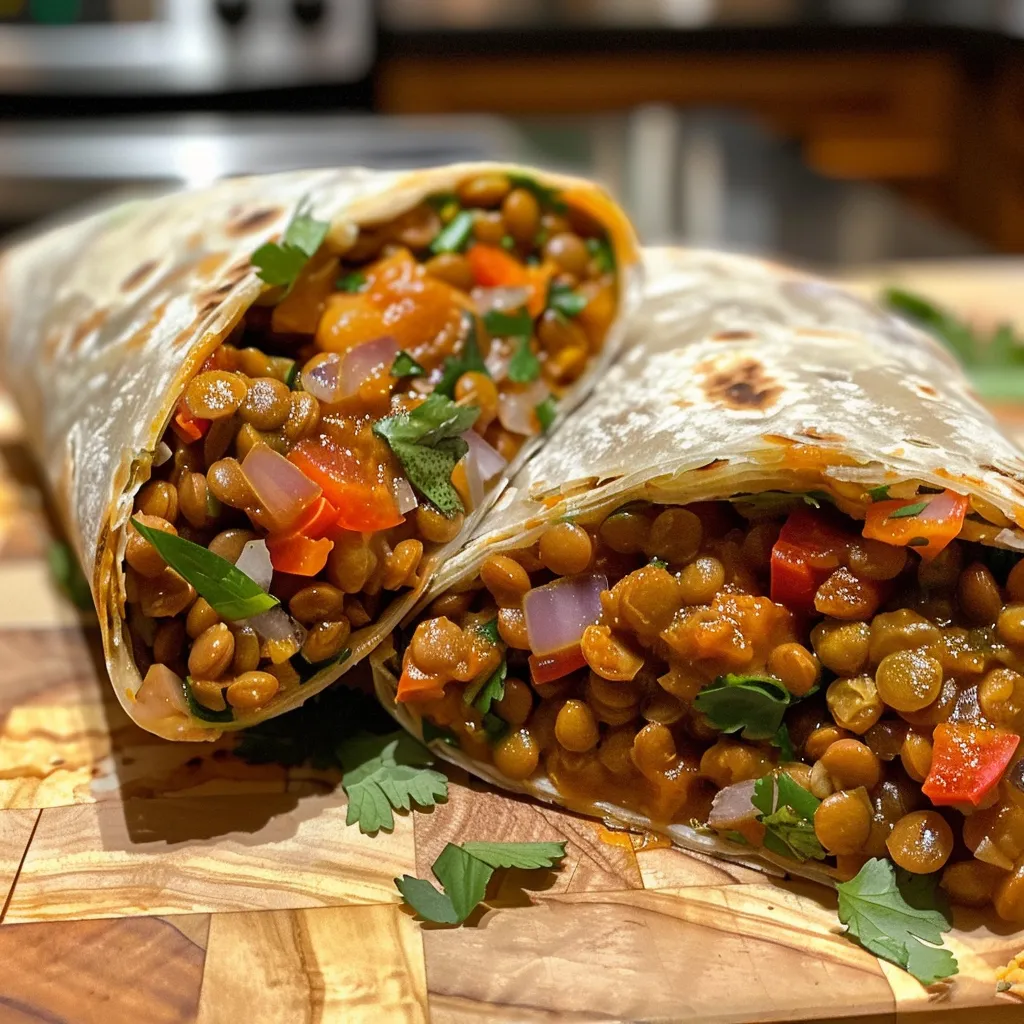 Juicy spicy lentil veggie wrap displayed on a textured surface, showcasing its vibrant ingredients.