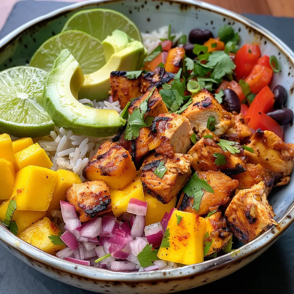 Delicious Spicy Mango Chicken Rice Bowl featuring vibrant ingredients like bell pepper and cilantro.