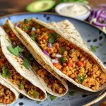 Close-up view of colorful spicy quinoa-lentil wraps garnished with herbs.