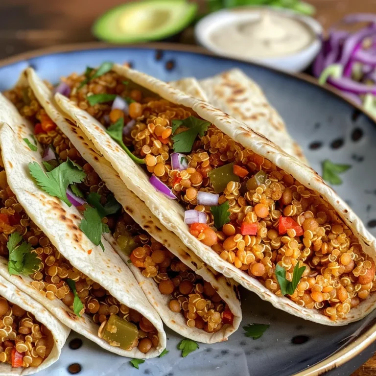 Elevate Your Weeknight Dinners with Spicy Quinoa-Lentil Wraps Close-up view of colorful spicy quinoa-lentil wraps garnished with herbs.