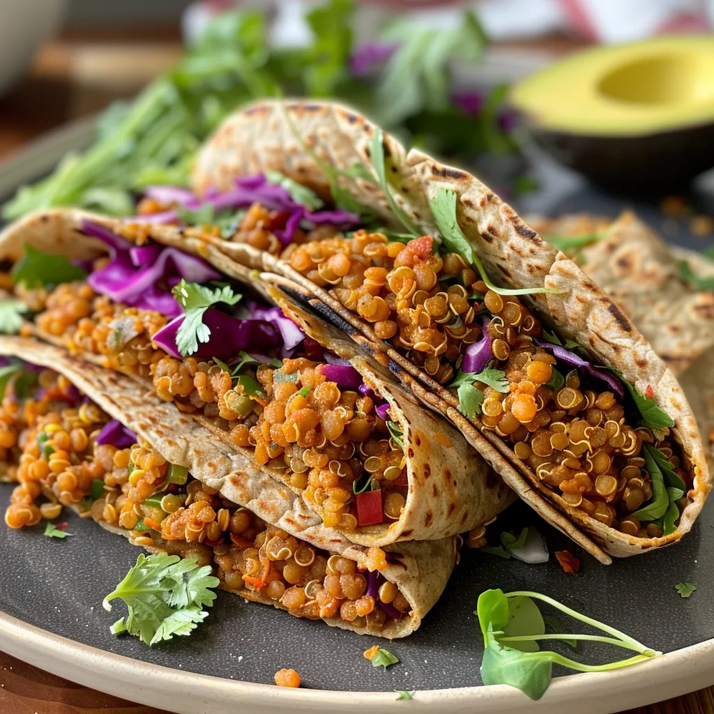 Side view of a delicious wrap filled with quinoa, lentils, and fresh greens.