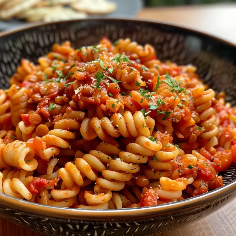 Close-up of spicy red pasta with lentils, showcasing vibrant colors and texture.