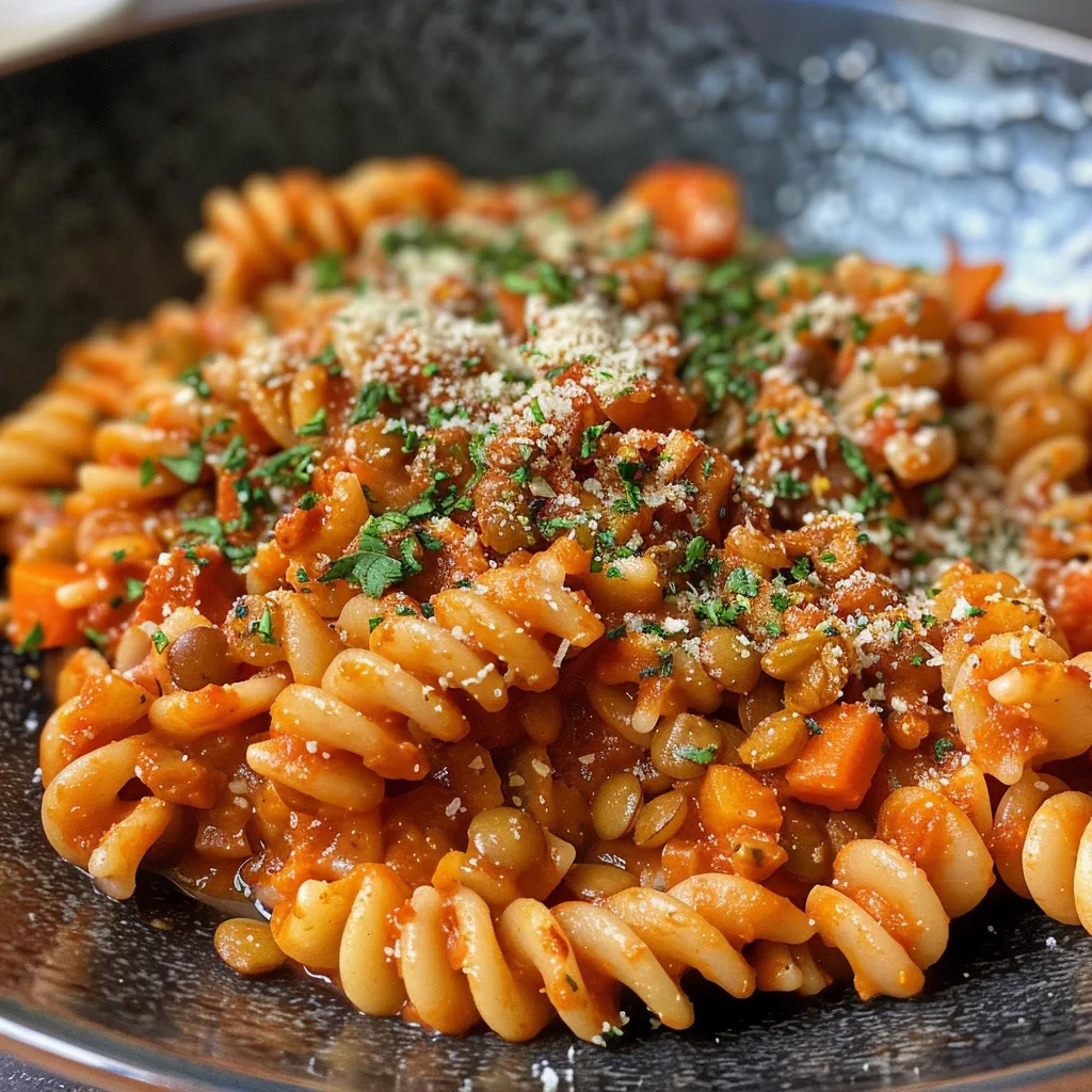 Side view of a bowl filled with spicy red pasta and lentils, garnished and steaming.