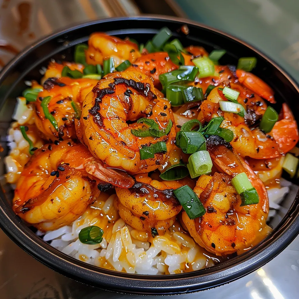 Side view of a delicious shrimp rice bowl garnished with herbs and spices.